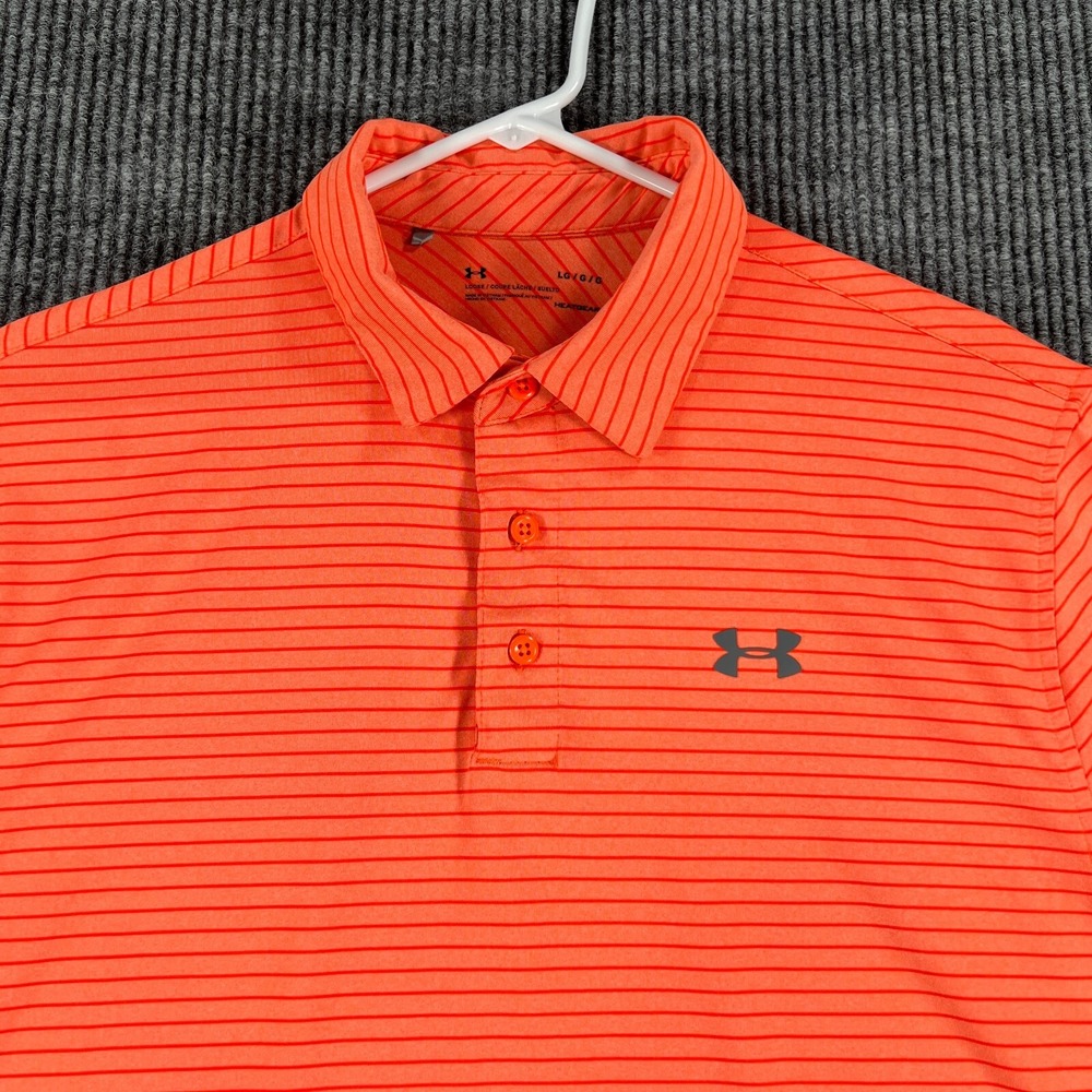 Under Armour Polo Shirt Mens Large Orange Striped Short Sleeve Heat Gear Loose